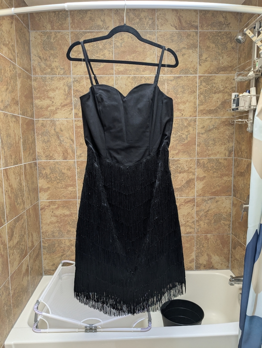 1920s Unique Vintage Black Chevron Fringe Pencil Dress